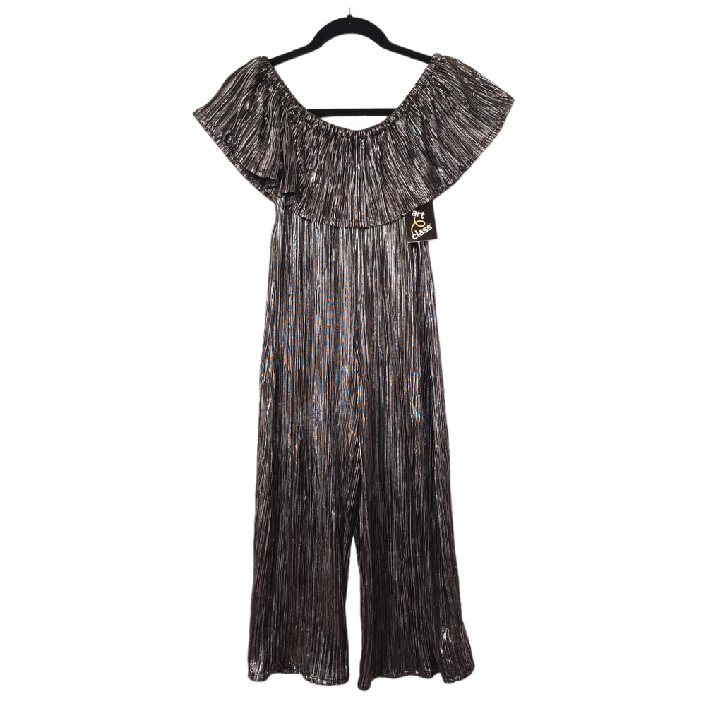 ART CLASS Metallic Silver Ribbed Ruffle Crop Jumpsuit Girl's Large NWT